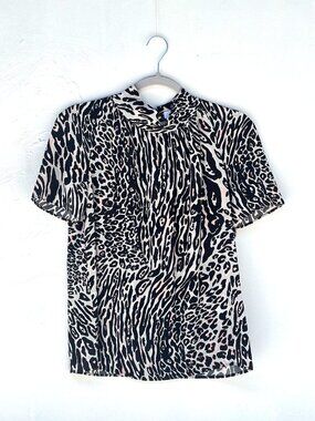Altuzarra Leopard Print High Neck Short Sleeve Silky Blouse Shirt Top Small